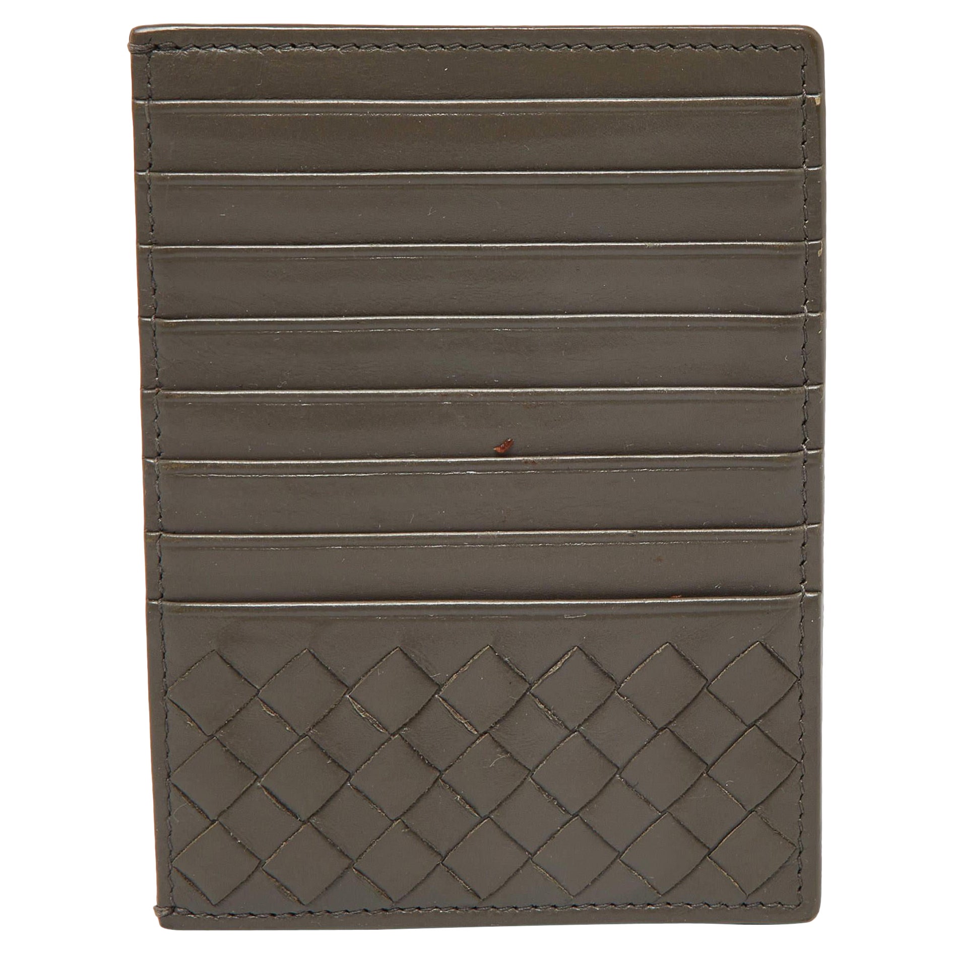 Bottega Veneta Grey Intrecciato Leather Zip Card Holder For Sale