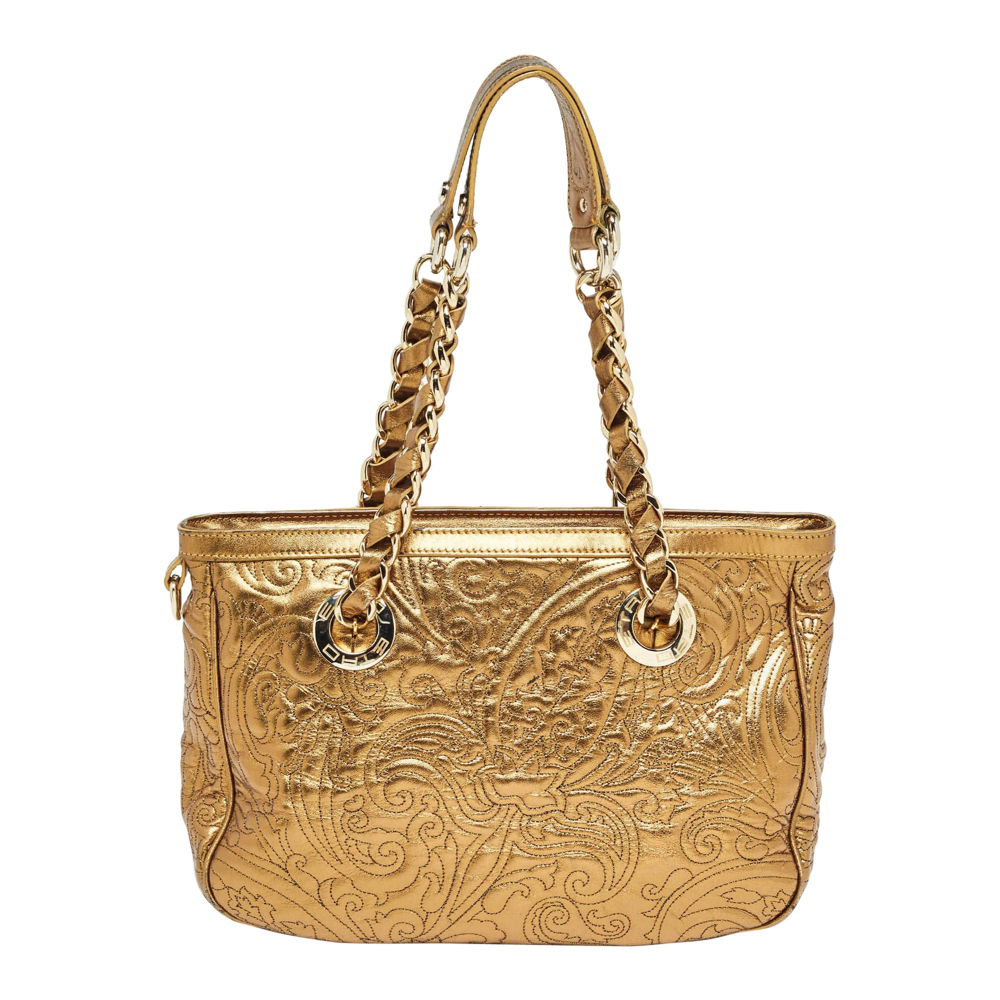 Etro Gold Paisley Embossed Leather Chain Tote For Sale