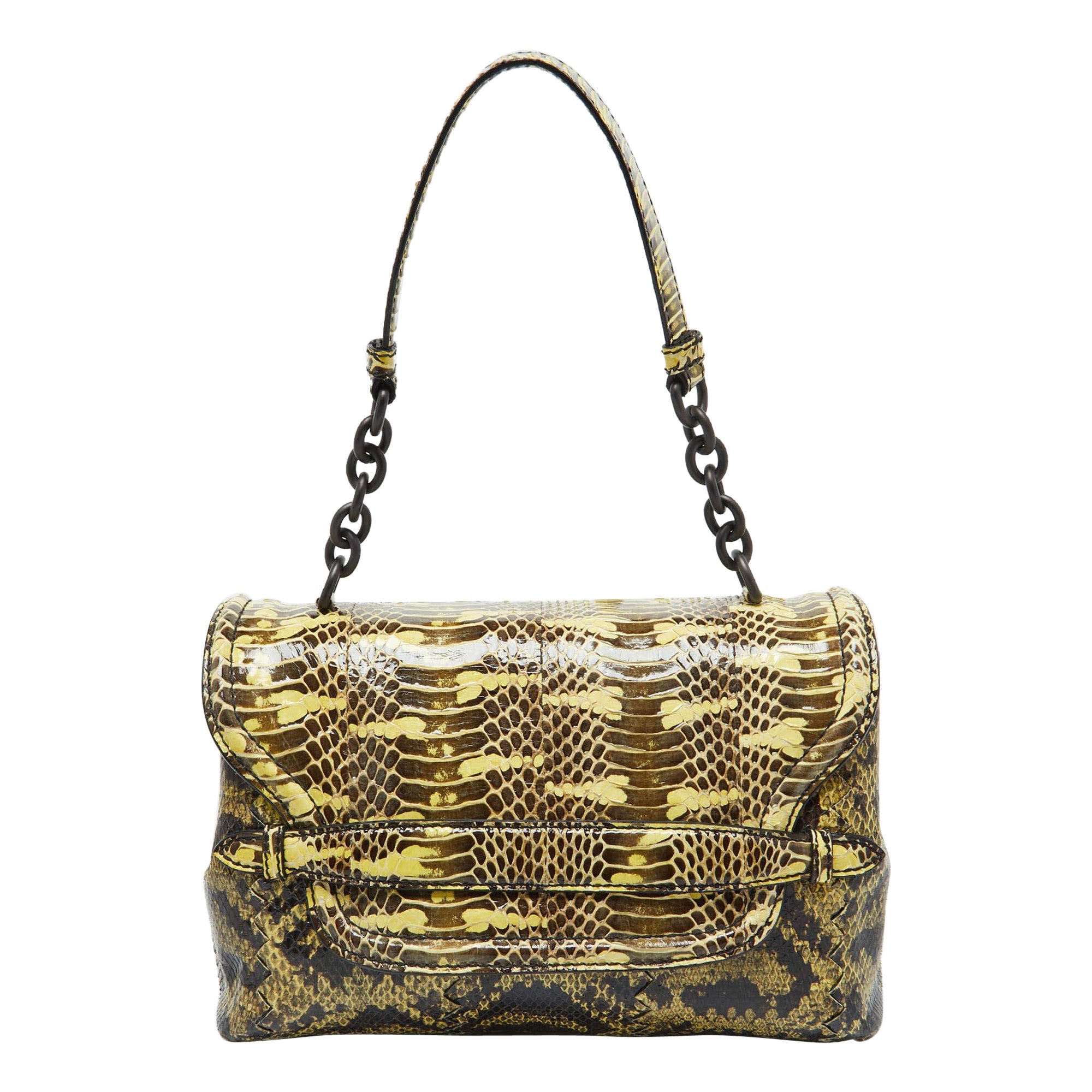 Bottega Veneta Gelb/Braun Intrecciato Karung Watersnake Flap Umhängetasche