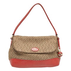 Bolso de hombro con solapa y logotipo de Aigner en lona y piel beige/rojo