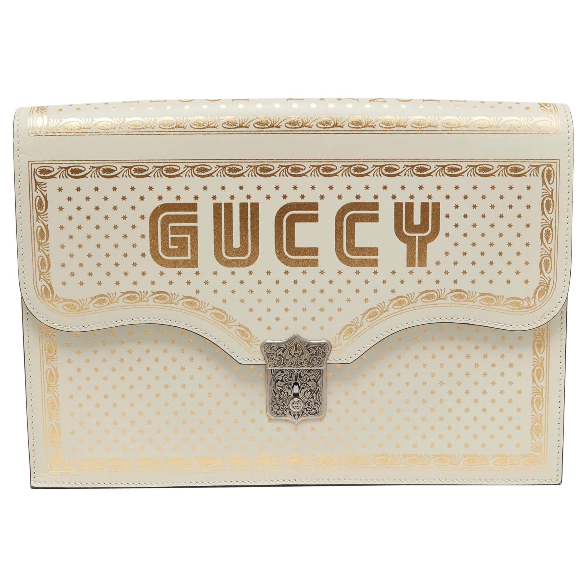 Gucci Off White Leather Guccy Portfolio Clutch