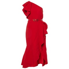Elie Saab Red Crepe One-shoulder Ruffled Midi Dress S