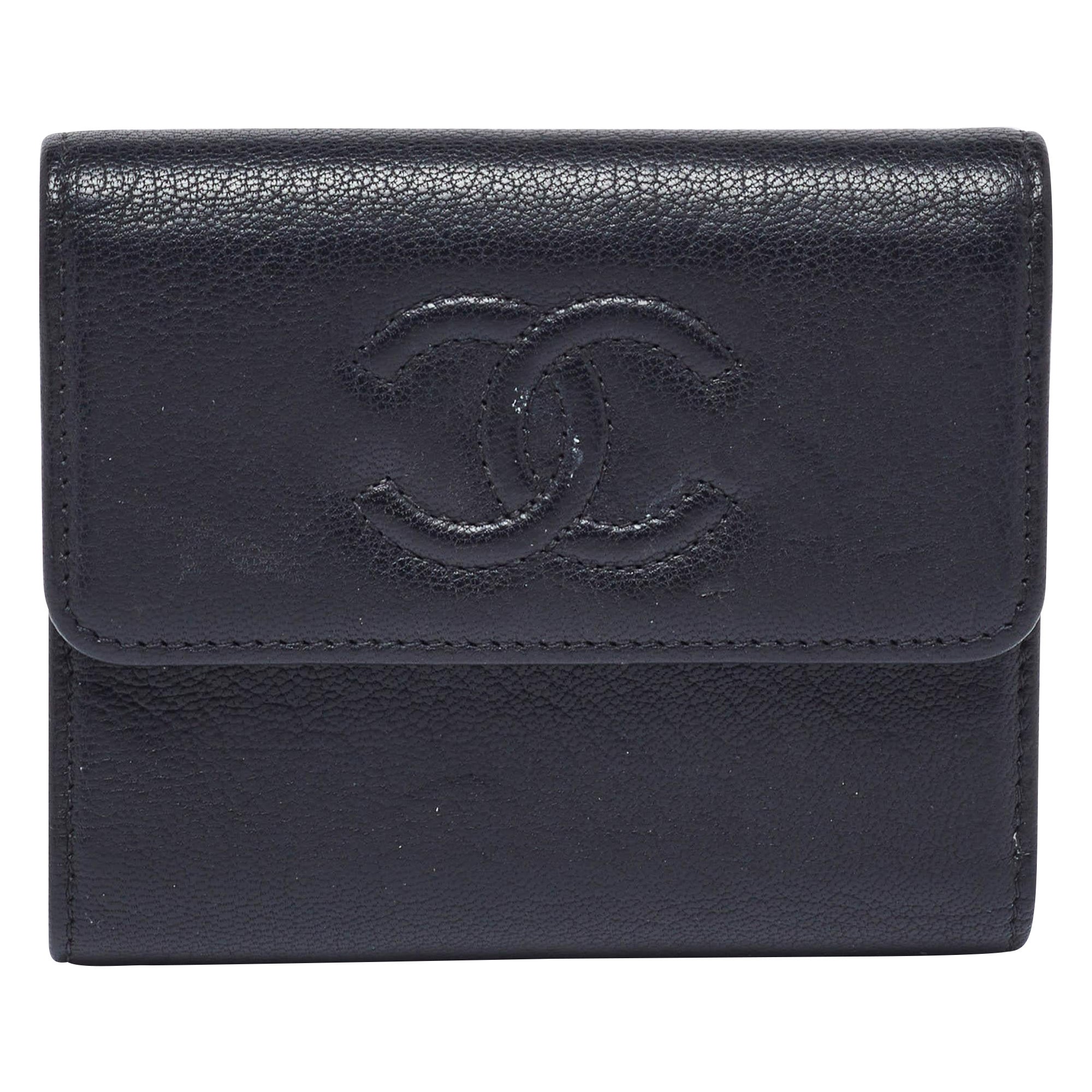Chanel Black Leather Timeless CC Flap Trifold Wallet For Sale
