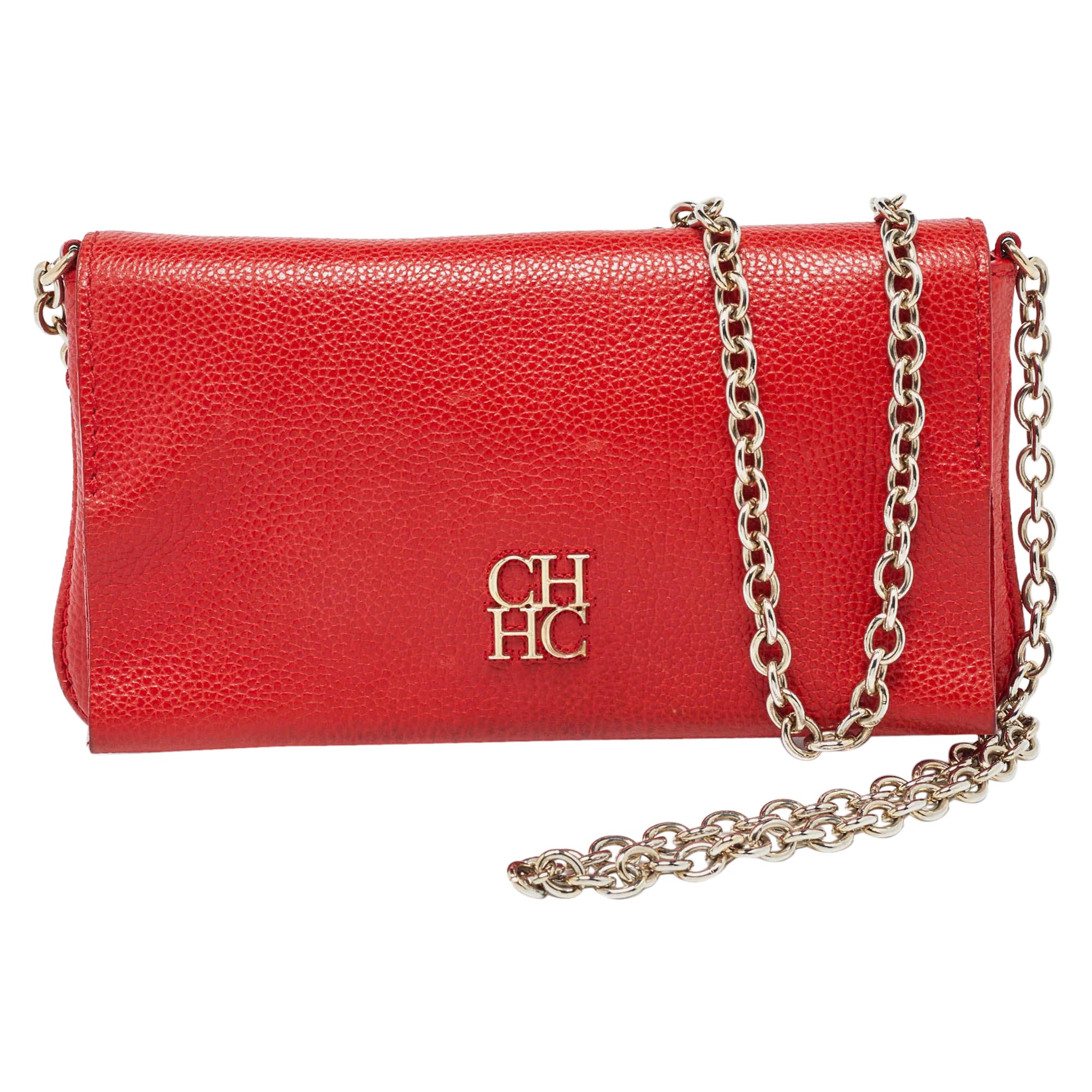 CH Carolina Herrera Bolso de hombro de piel roja con solapa y cadena en venta