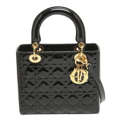 Dior Black Cannage Patent Leather Medium Lady Dior Tote