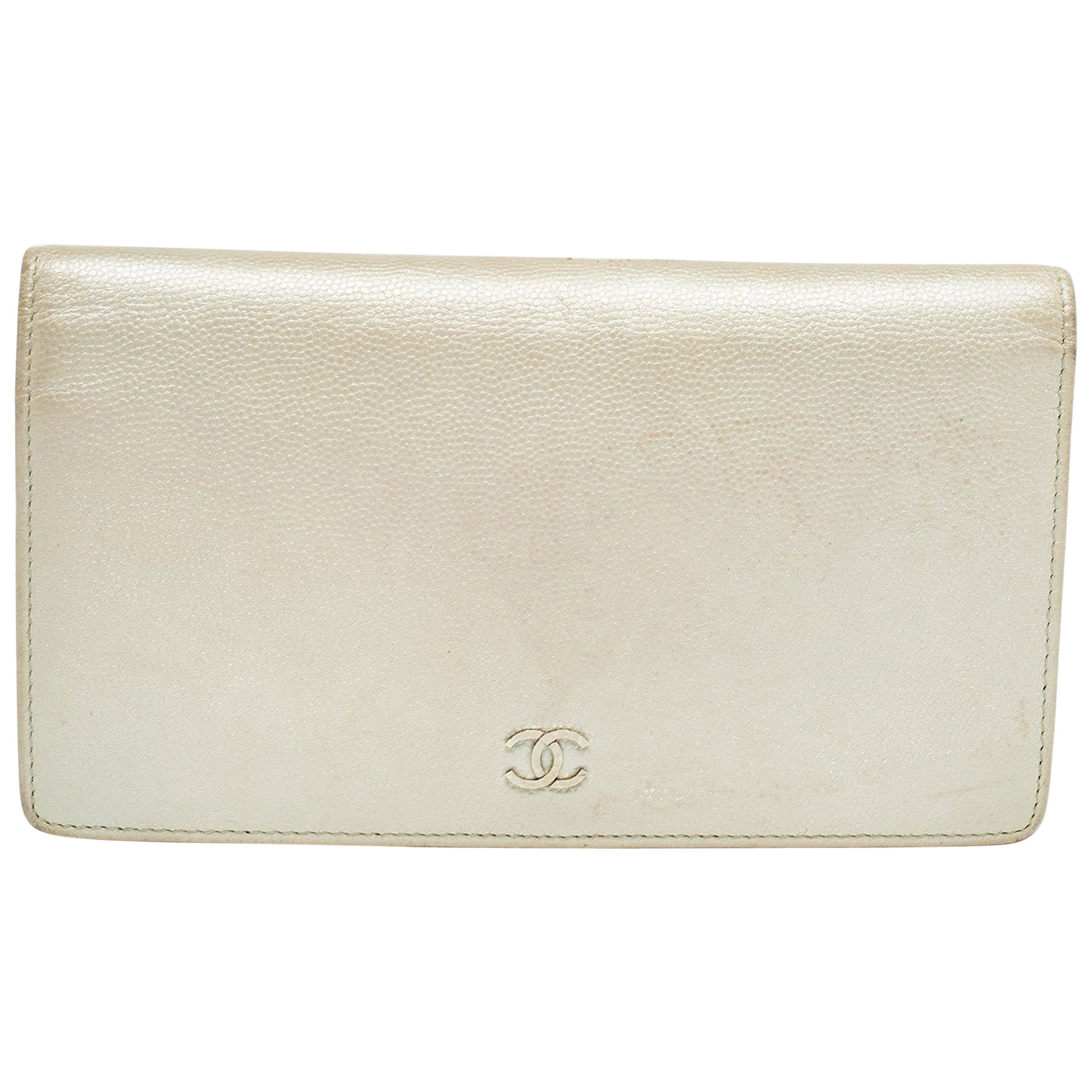 Chanel Pearl White Caviar Leather CC L Yen Continental Wallet