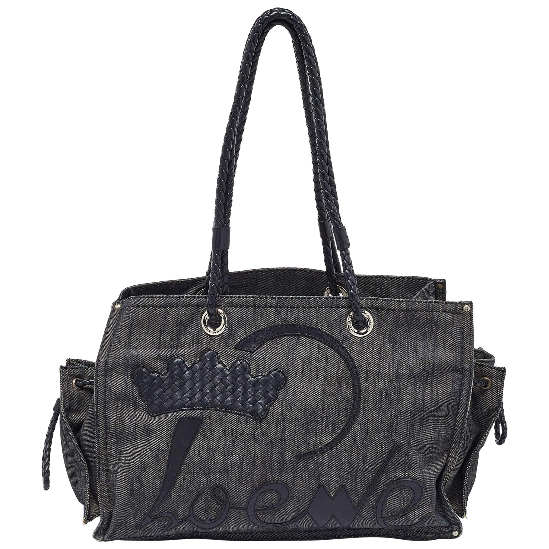 Loewe Black Denim and Leather Logo Shopper Tote For Sale