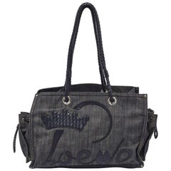 Loewe - Tote shopper nera in denim e pelle con logo