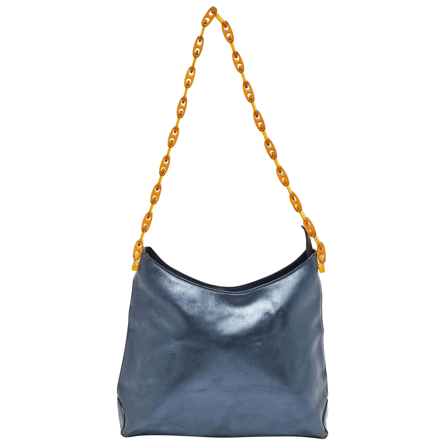 Gianfranco Ferre Metallic Blue Leather Chain Hobo For Sale