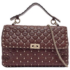 Valentino Burgundy Leather Large Rockstud Spike Top Handle Bag