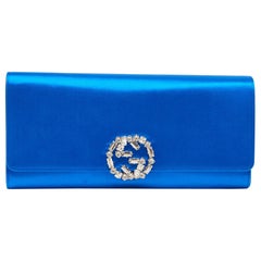 Gucci Royal Blue Satin GG Crystals Broadway Clutch