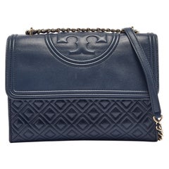 Tory Burch Navy Blue Quilted Leather Fleming Shoulder Bag