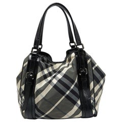 Burberry Black Beat Check Nylon and Patent Leather Large Victoria Tote