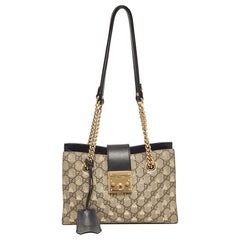 Gucci Black/Beige GG Supreme Canvas and Leather Small Padlock Bee Tote