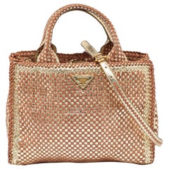 Prada Gold/Brown Woven Madras Leather Snap Tote