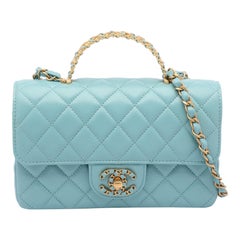 Chanel Blue Quilted Leather Mini Strass On Flap Top Handle Bag