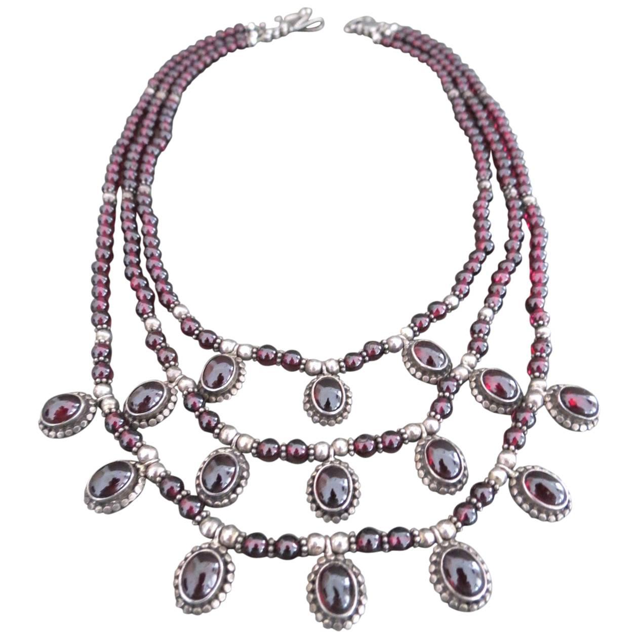 Vintage Sterling Silver Garnet Multi Strand Necklace For Sale