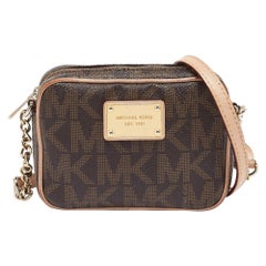 Michael Kors Brown Signature Coated Canvas Leather Mini Camera Crossbody Bag