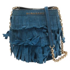 Burberry Blue Suede Mini Fringe Bucket Bag