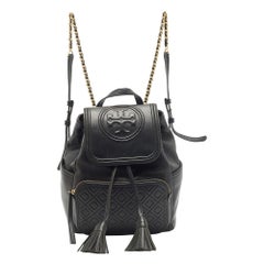 Tory Burch Black Quilted Leather Fleming Drawstring Backpack