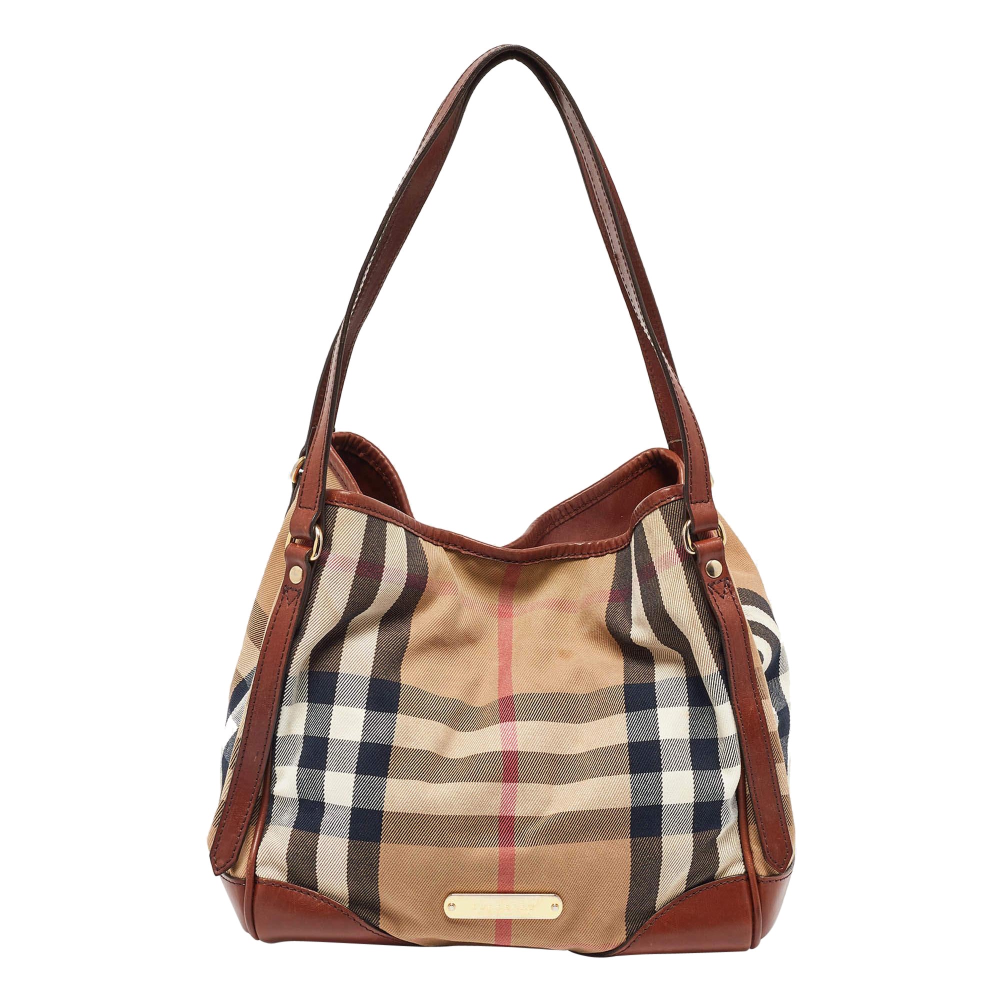 Burberry Brown Leather  Canvas Canterbury Totes For Sale