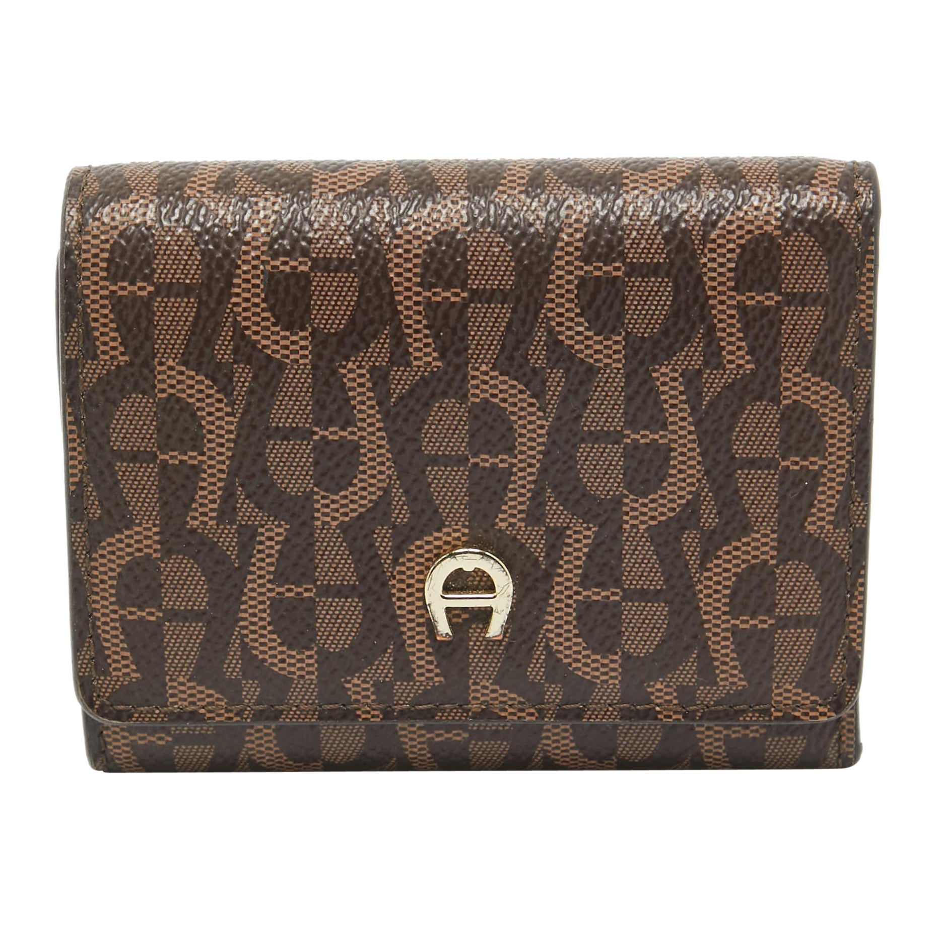 Aigner Dark Brown Monogram Coated Canvas Logo Trifold Wallet