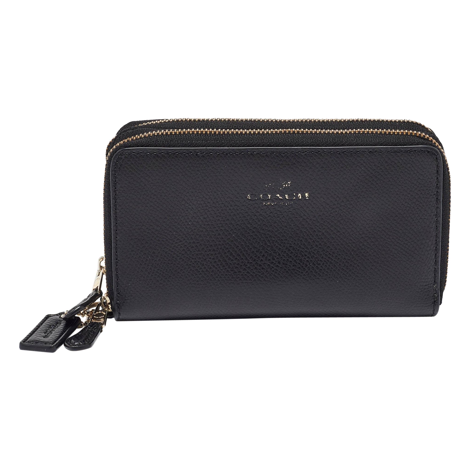 Coach Black Leather Double Zip Around Wallet For Sale