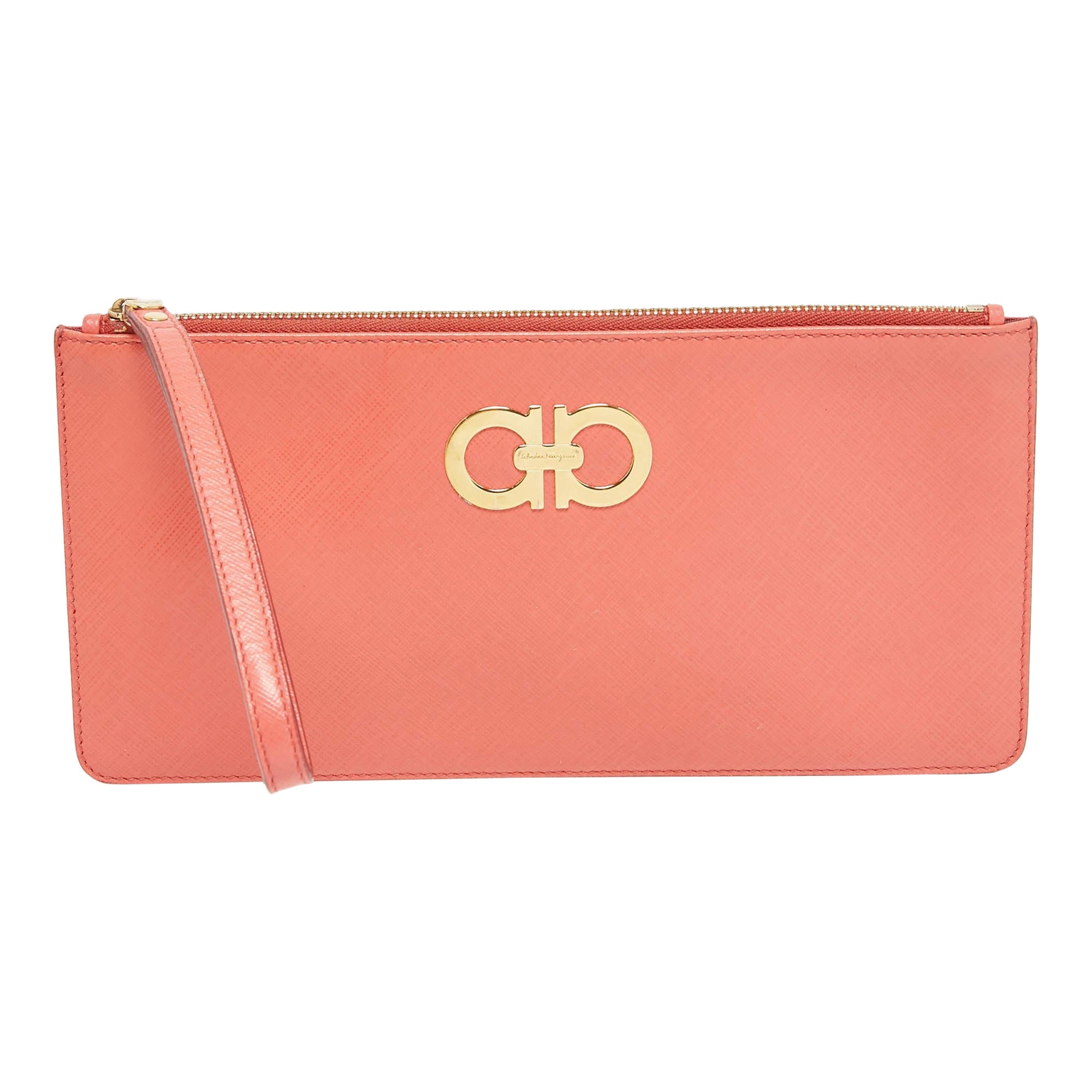 Salvatore Ferragamo Orange Leather Gancini Wristlet Clutch