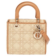 Dior Beige Raffia and Leather Medium Lady Dior Tote