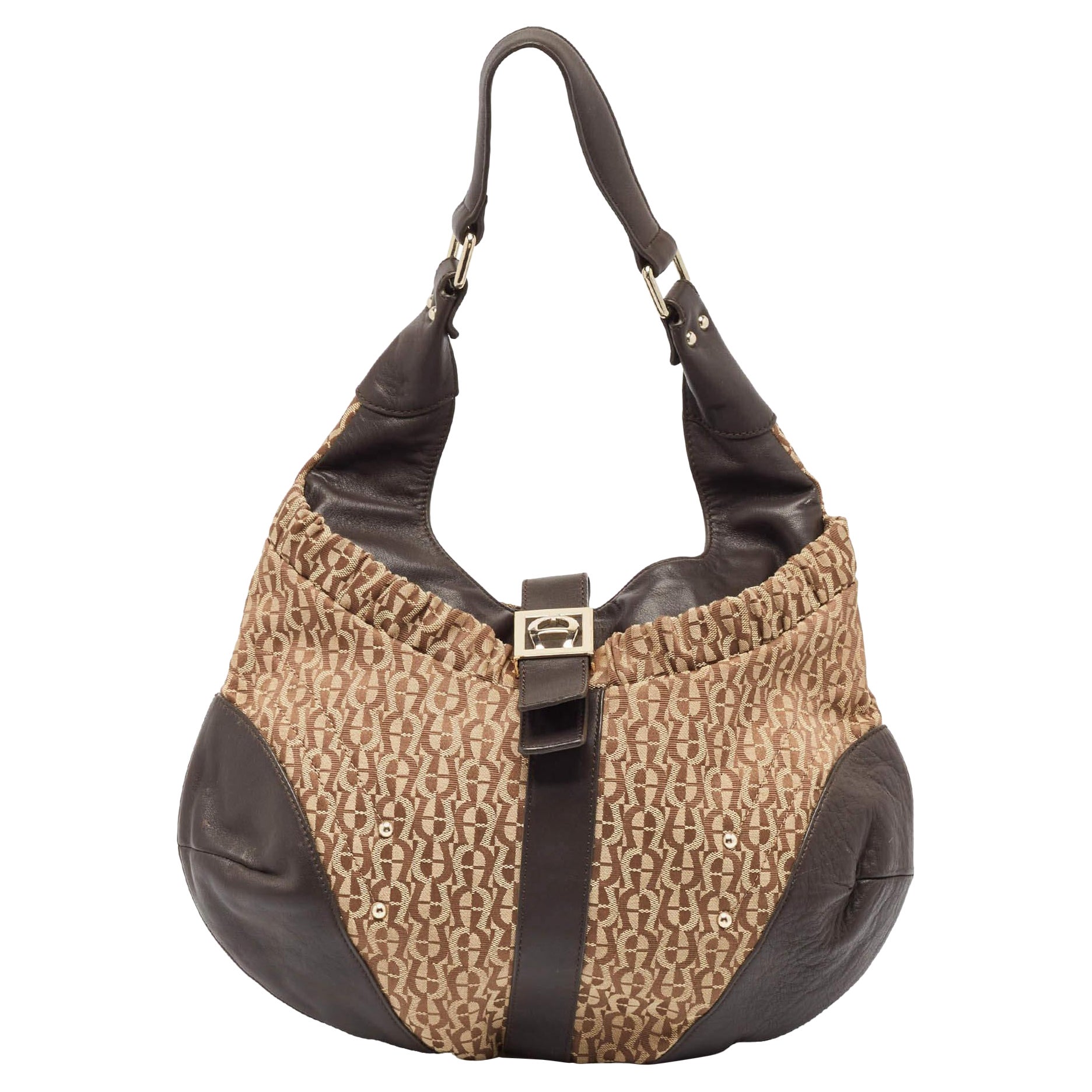 Aigner Brown/Beige Monogram Canvas and  Leather Logo Flap Hobo For Sale