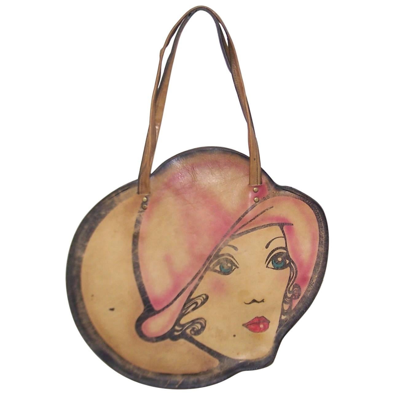 Mod 1960's Hand Painted Leather Handbag With Flapper Girl