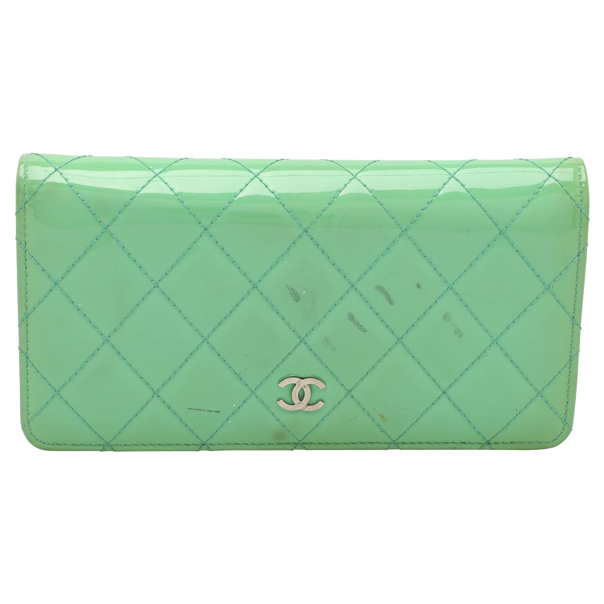 Chanel Green Quilted Patent Leather CC Flap Continental Wallet