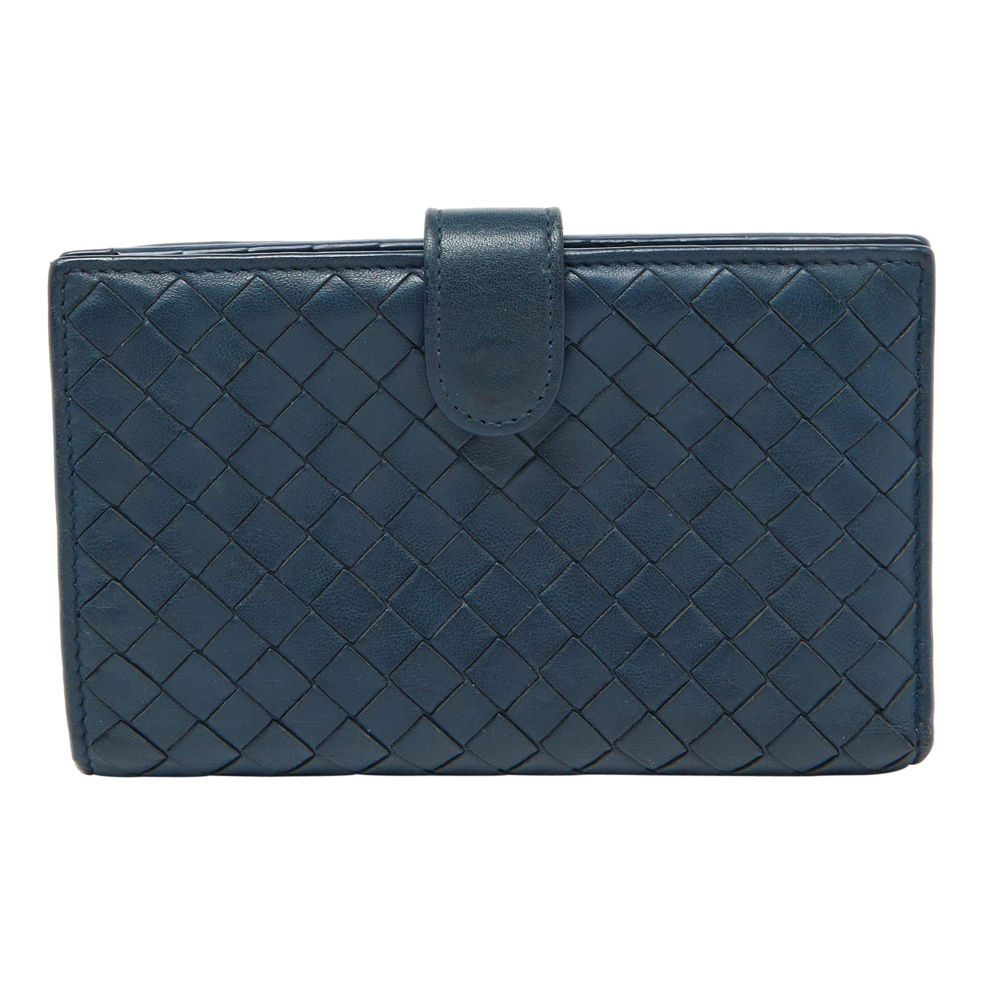 Bottega Veneta Blue Intrecciato Leather Compact Wallet For Sale