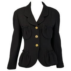 Chanel Black Wool Crepe Princess Seam Jacket 4 Gathered Pockets Logo Buttons 36