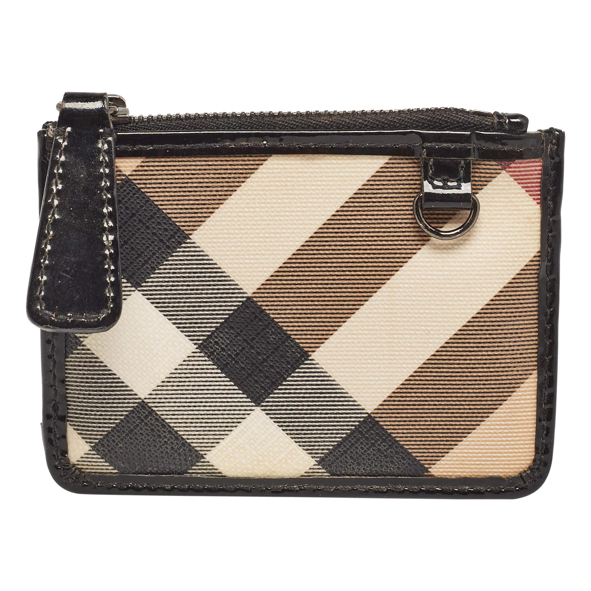 Burberry Beige/Black Nova Check PVC and Patent Leather Zip Coin Purse For Sale