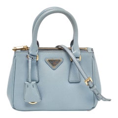 Prada Light Blue Saffiano Lux Leather Micro Double Zip Tote