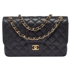Chanel Black Caviar Quilted Leather Jumbo Classic Double Flap Bag