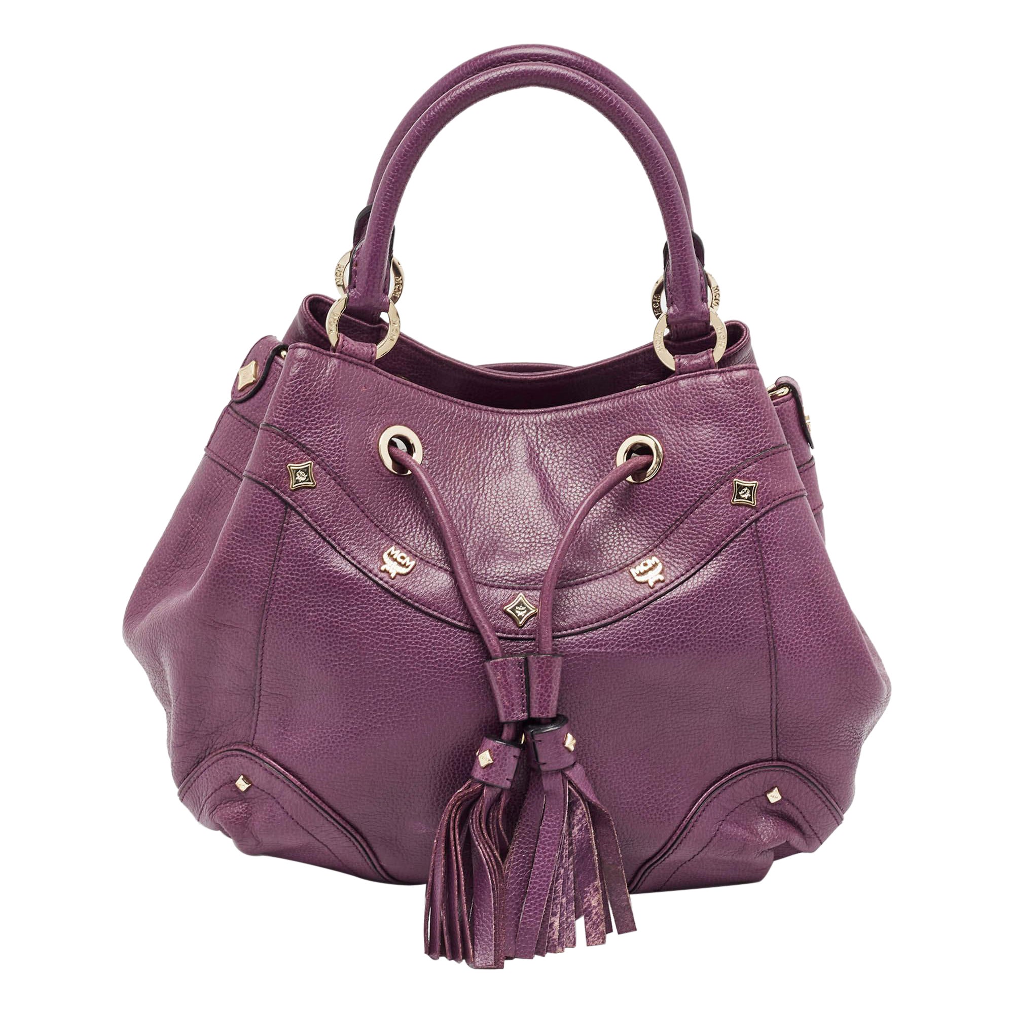 MCM Purple Leather Studded Drawstring Shoulder Bag For Sale