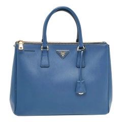 Prada Blue Saffiano Lux Leather Large Double Zip Tote