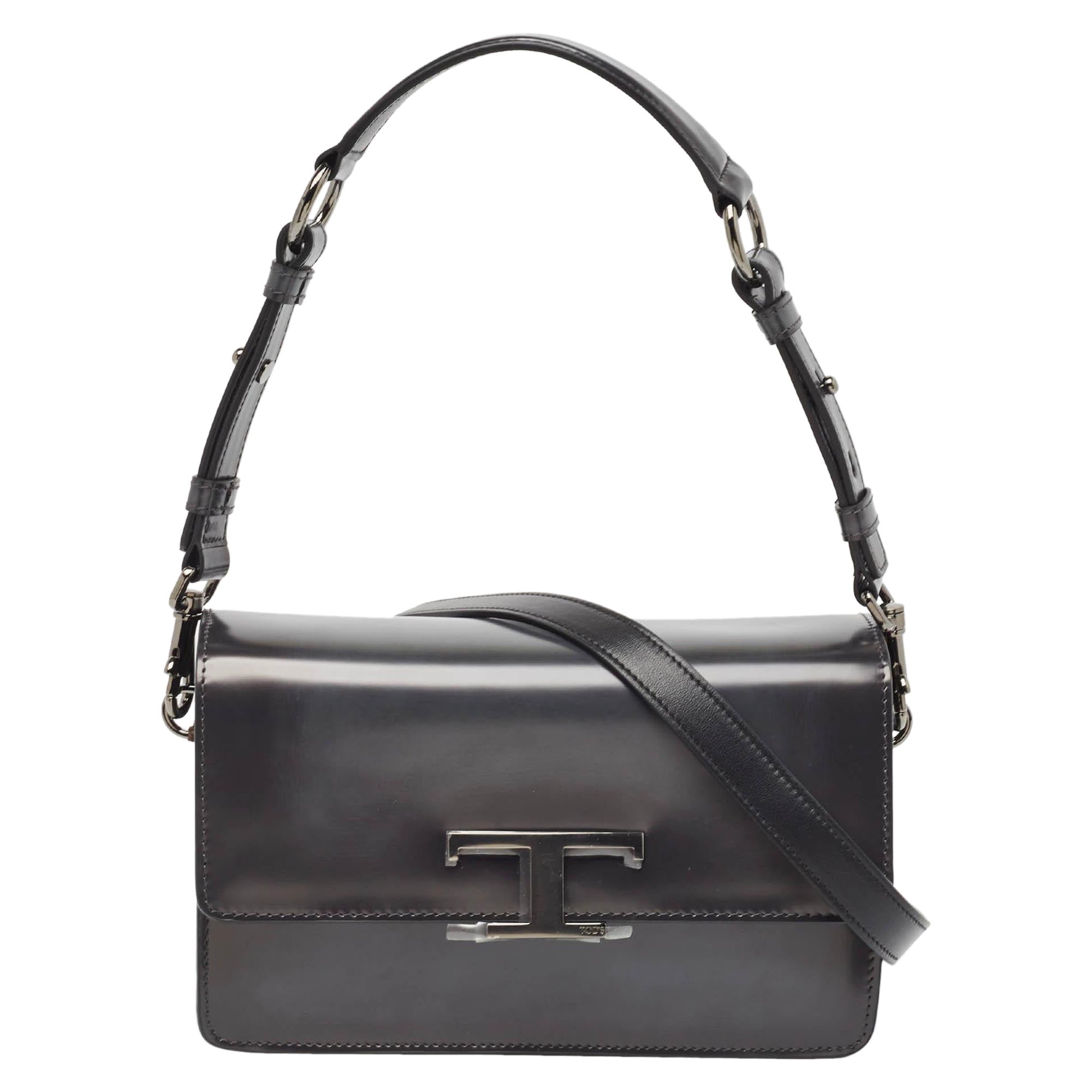 Tod's Dark Grey Leather Mini T Timeless Shoulder Bag For Sale