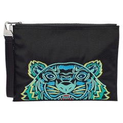 Kenzo Black Tiger Embroidered Leather Zip Flat Pouch