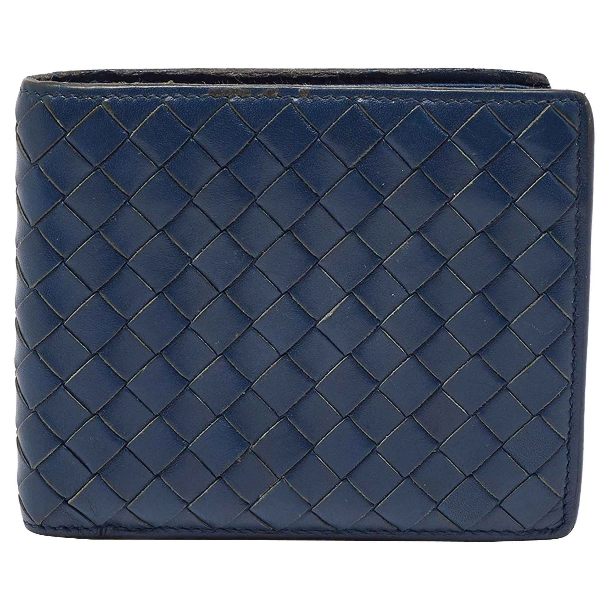 Bottega Veneta Blue Intrecciato Leather Bifold Wallet For Sale