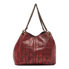 CH Carolina Herrera Burgundy/Red Metallic Perforated Monogram Leather Chain Tote