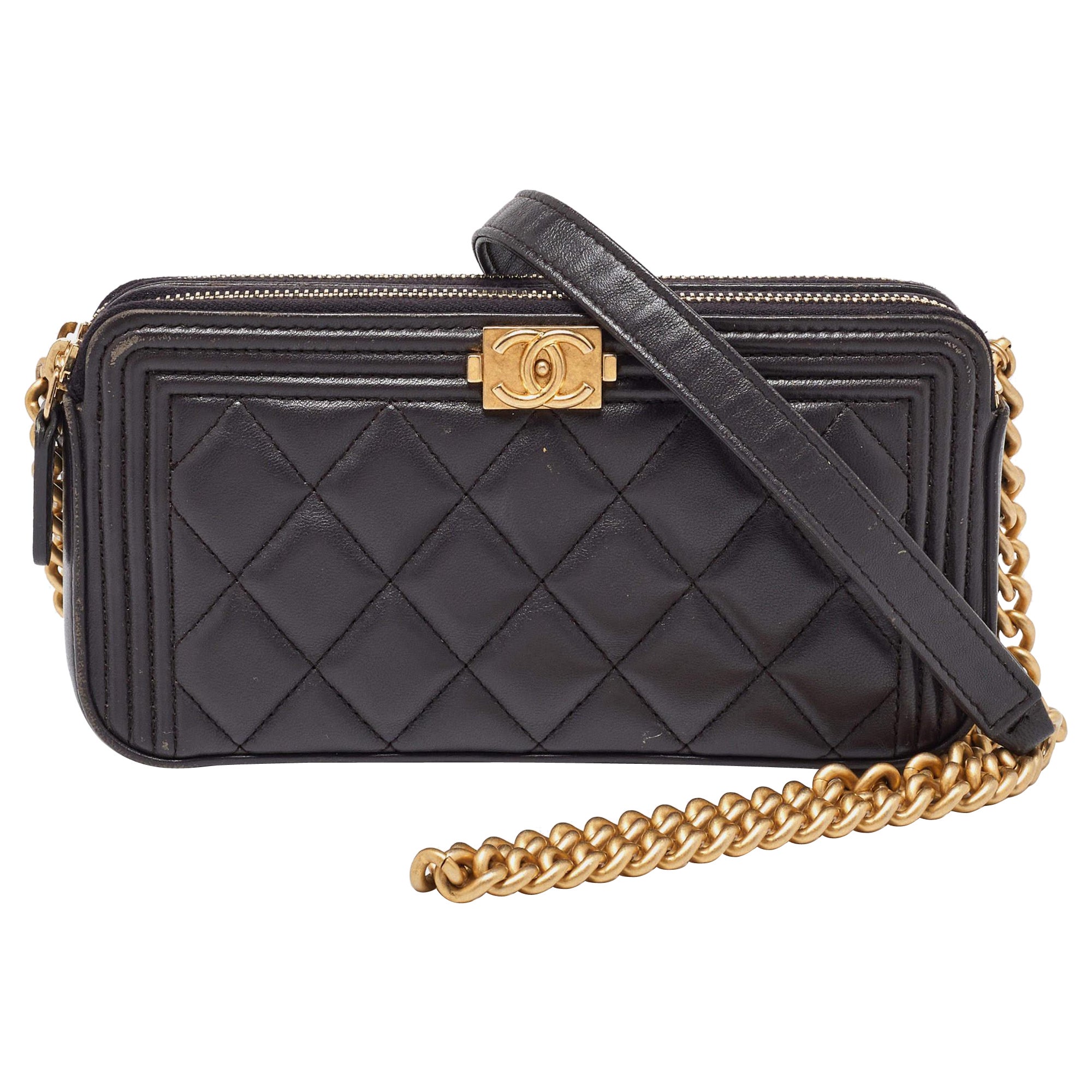 Chanel Grey Quilted Leather Boy Double Zip Chain Clutch For Sale