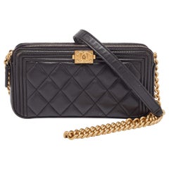 Chanel Grey Quilted Leather Boy Double Zip Chain Clutch
