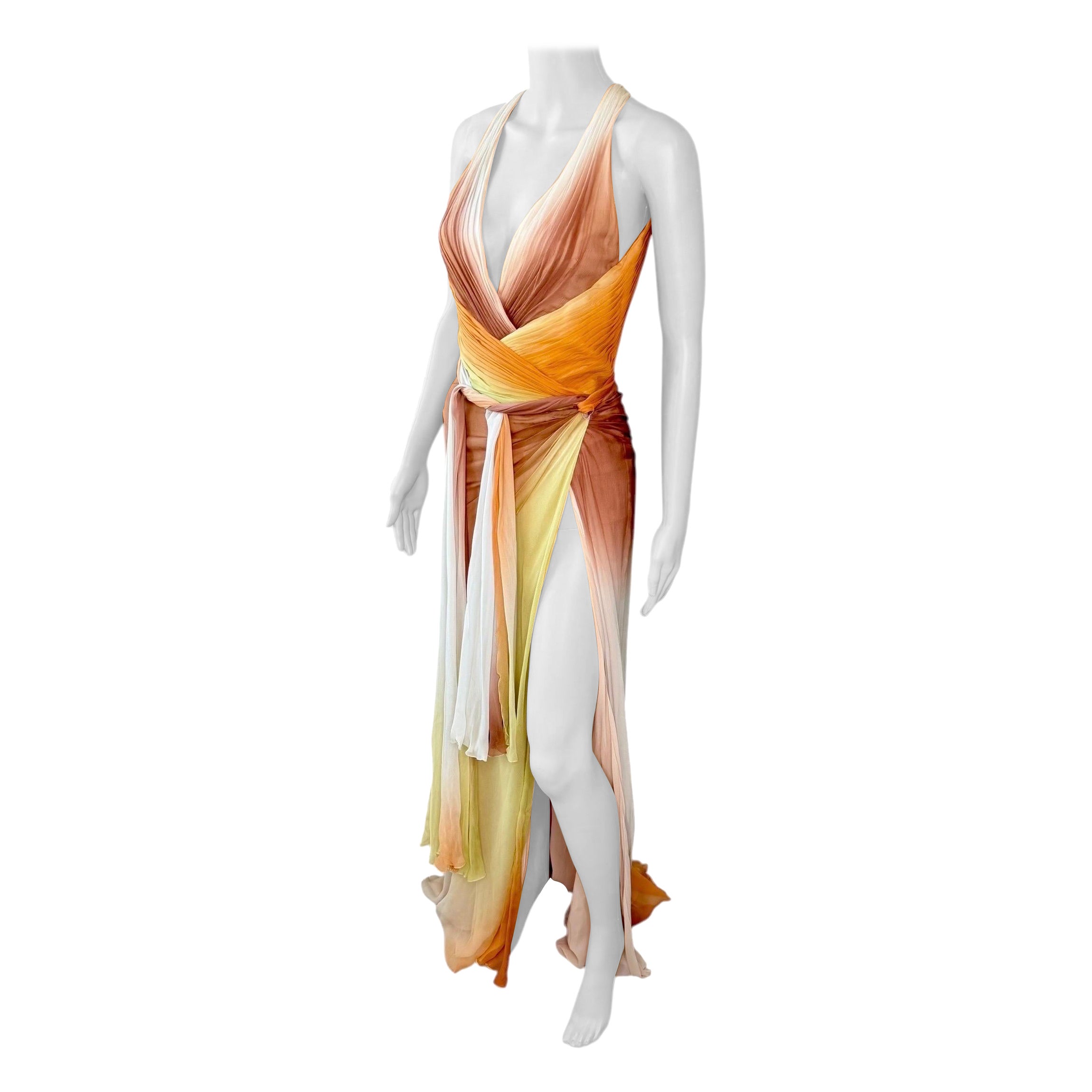 Versace S/S 2006 Runway Plunging Backless High Slit Ombre Evening Dress Gown