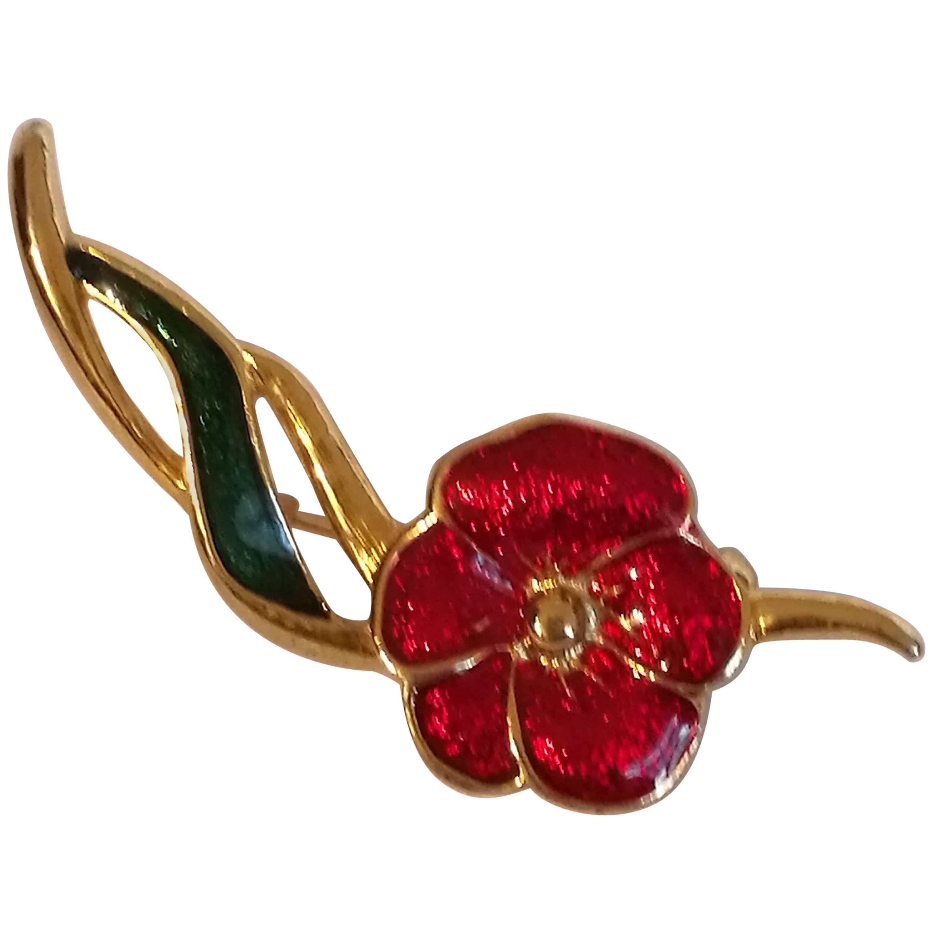 1980s Gold Tone Red Flower Brooch