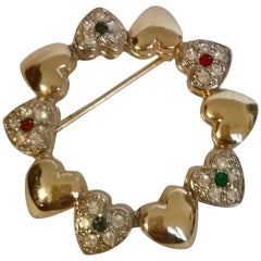 1980s Gold tone Hearts with Red Green Crystal Swarovski Brooch