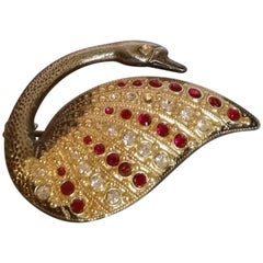 1970s Vintage Gold tone with Crystal and Red Swarovski Brooch - Pin 