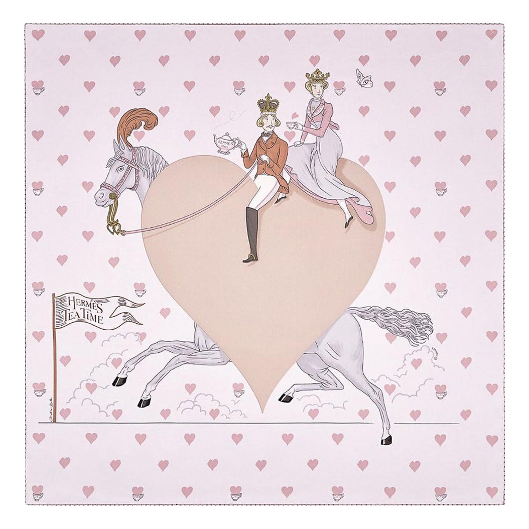 Hermes Tea Time Rose Pale and Beige Silk Scarf 70 For Sale